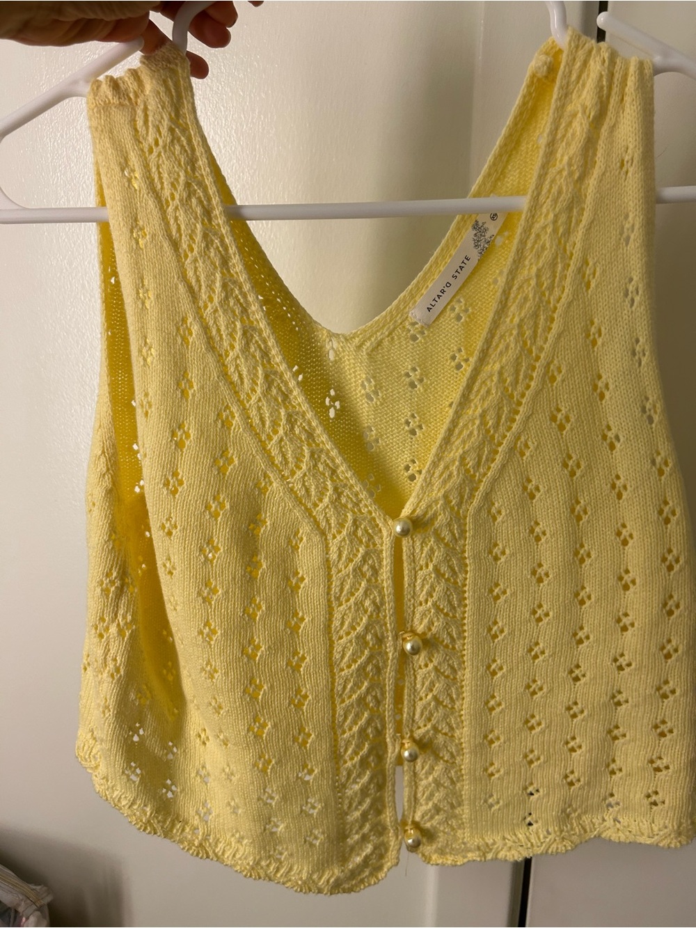 Altar’d state Yellow Knit Button Front Vest with Pearl Buttons